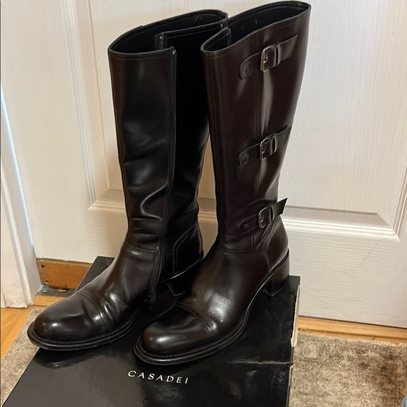 Casadei Black Leather Triple Buckle Boots